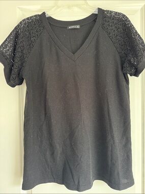 Black V-Neck Knit Top with Lace Raglan Sleeves